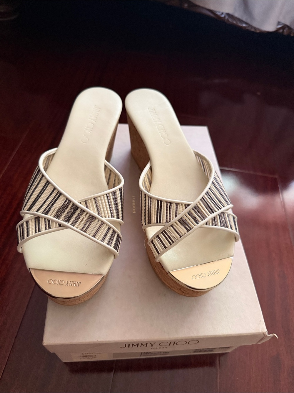 Jimmy Choo Cream and Beige Striped Wedge Slide Sandals